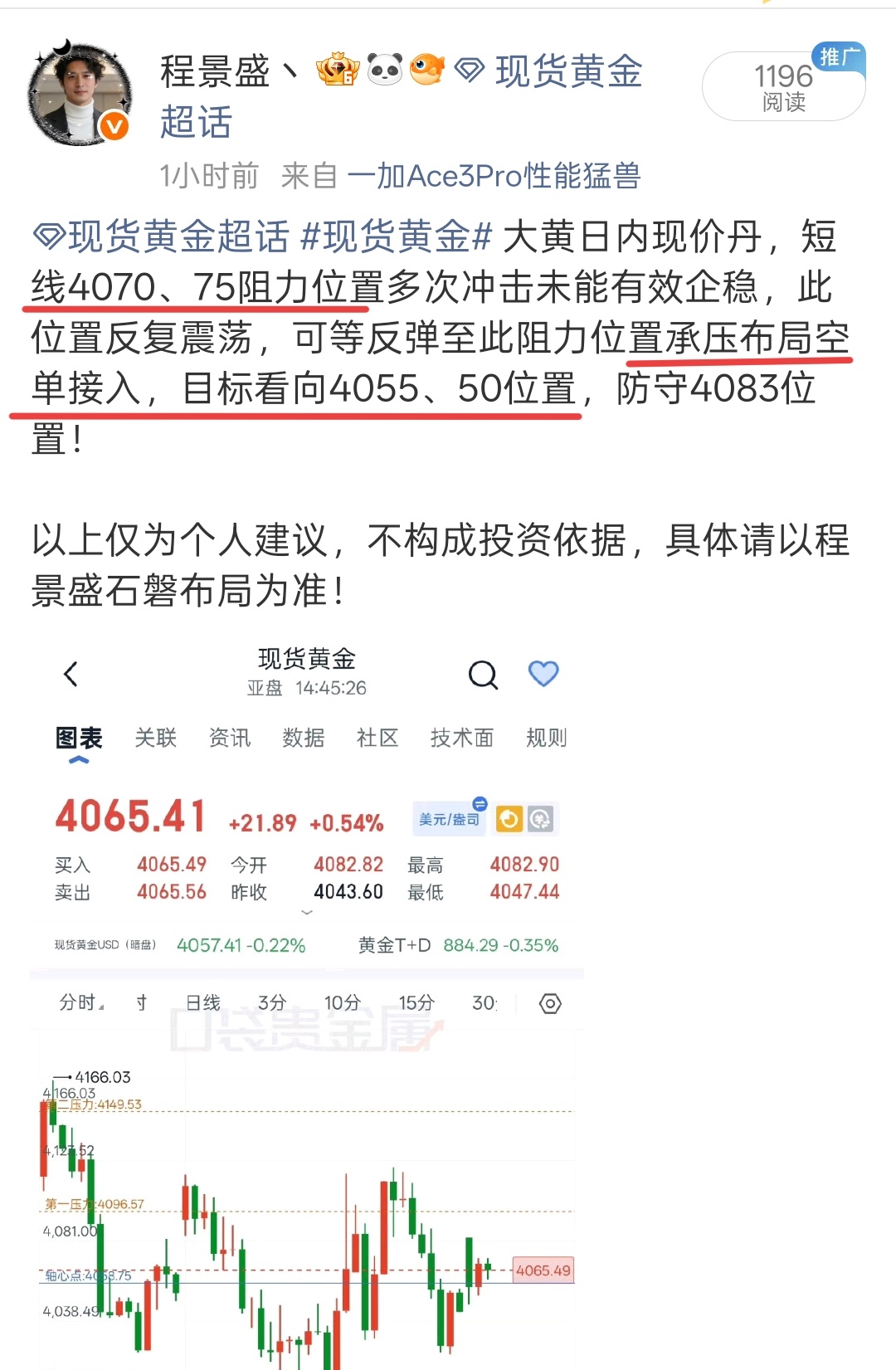 黄金黄金  现价丹止营离场，4071→4052盘面总计走出19美元空间！ 
