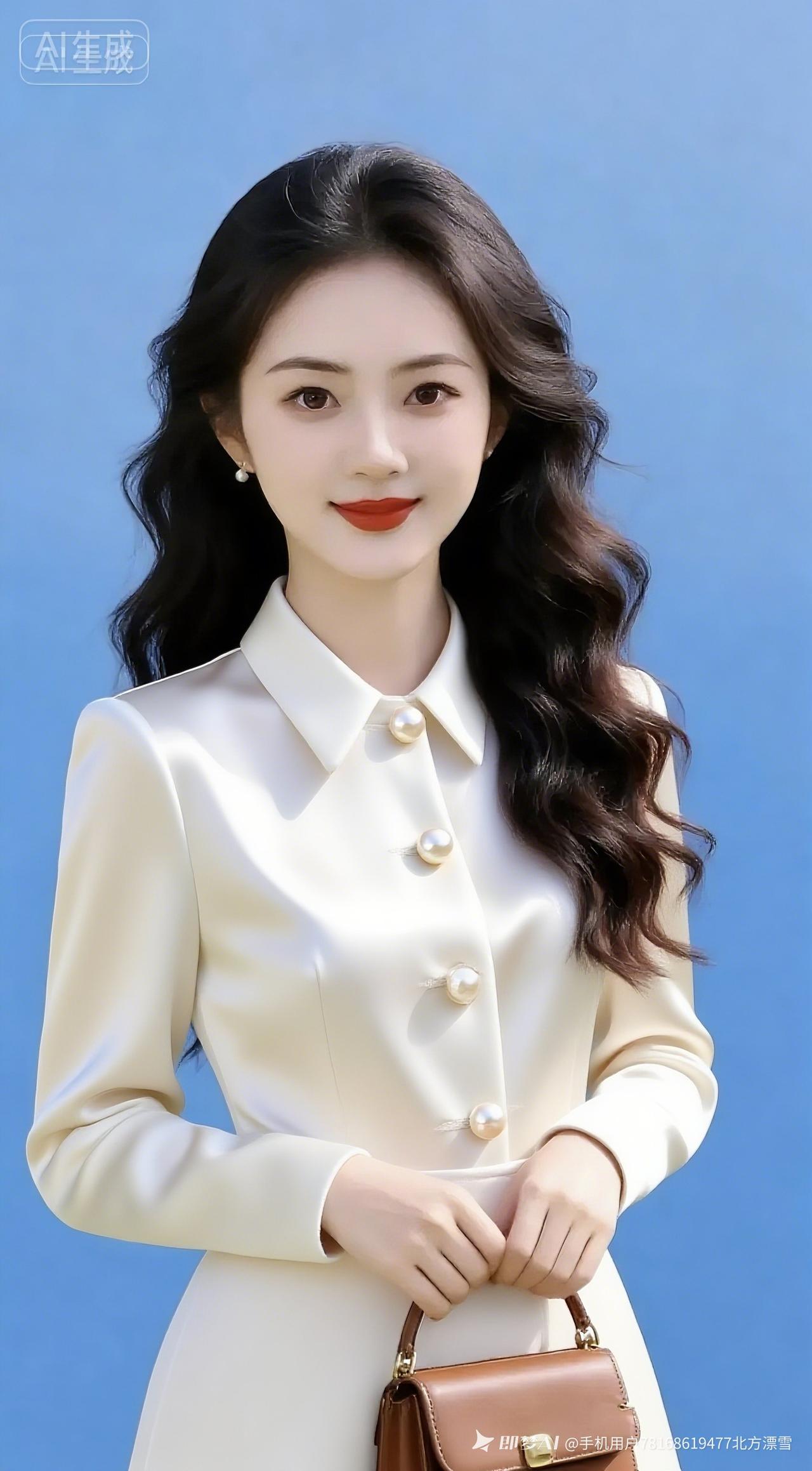 美女身着白色翻领高级紧身真丝毛呢衣，剪裁利落贴合身形，衣身竖排缀着四颗硕大珍珠纽