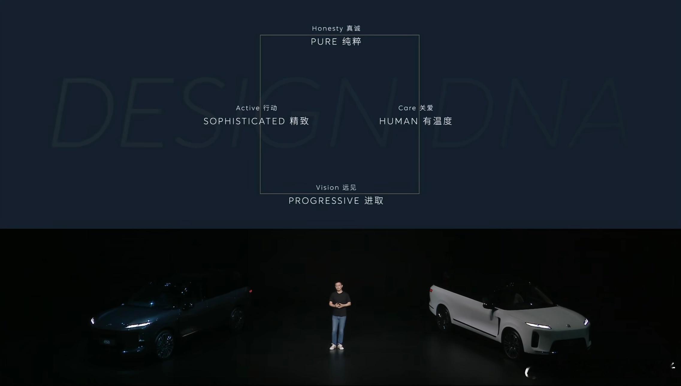 李斌以蔚来ES8为例，分享了蔚来的设计理念：纯粹、精致、远见、关爱，与三叉星之前