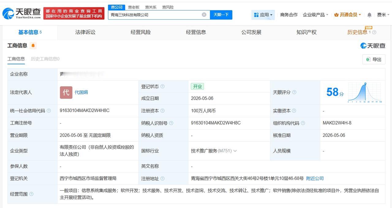 美团在青海成立新科技公司
天眼查App显示，近日，青海三快科技有限公司成立，法定