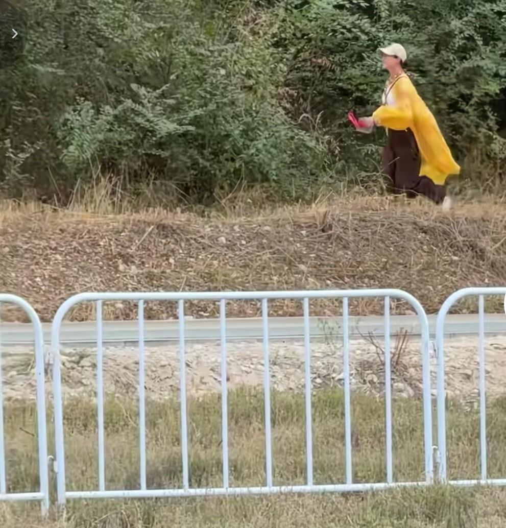 盼盼这趟新疆出差，被一只小黑狗截胡了。
昨天抵达后，一身黄色罩衫的盼盼在路边看到