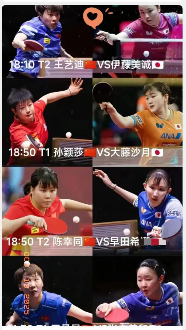国乒女团出场阵容预测：
第一盘孙颖莎，
第二盘王艺迪，
第三盘陈幸同，
第四盘孙