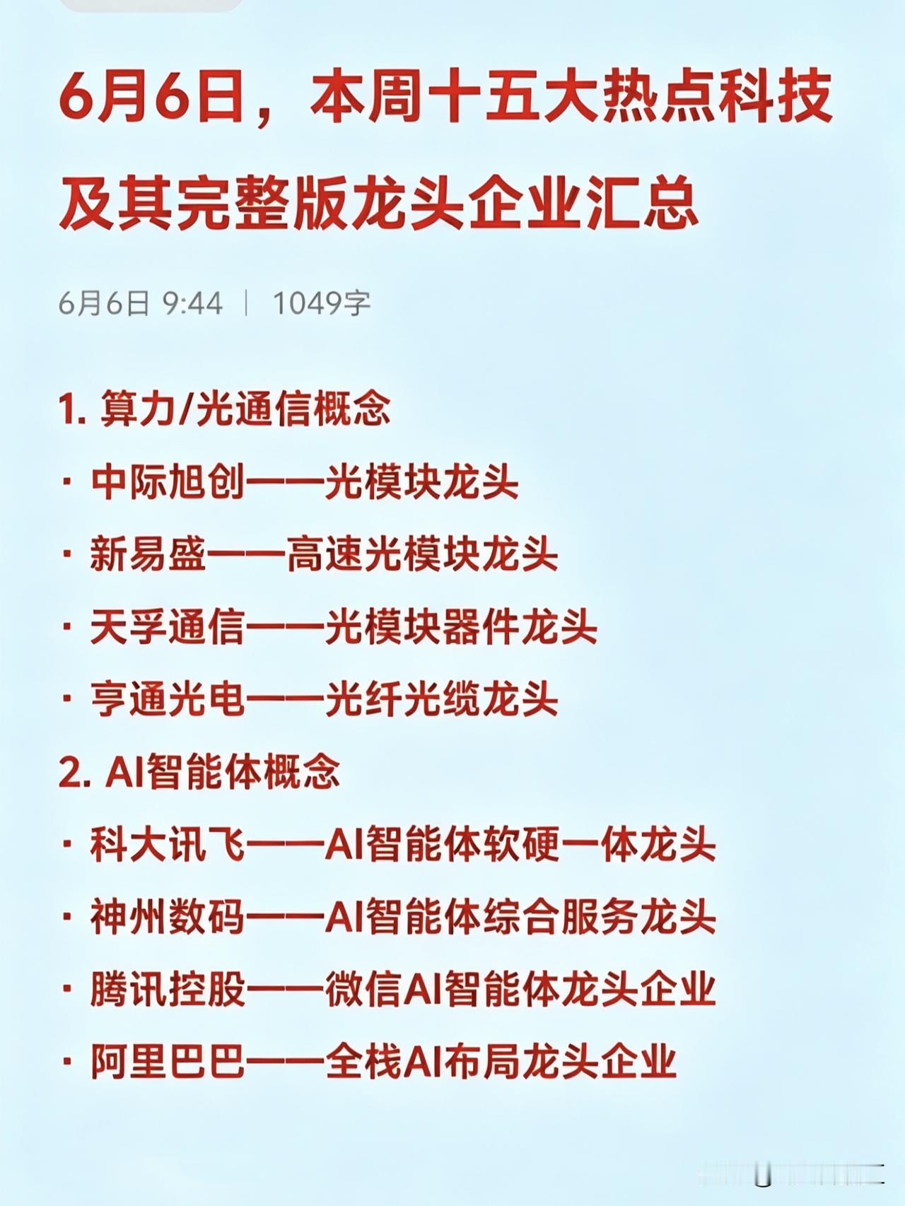 6月6日，本周十五大热点科技及其完整版龙头企业汇总
1. 算力/光通信

· 中