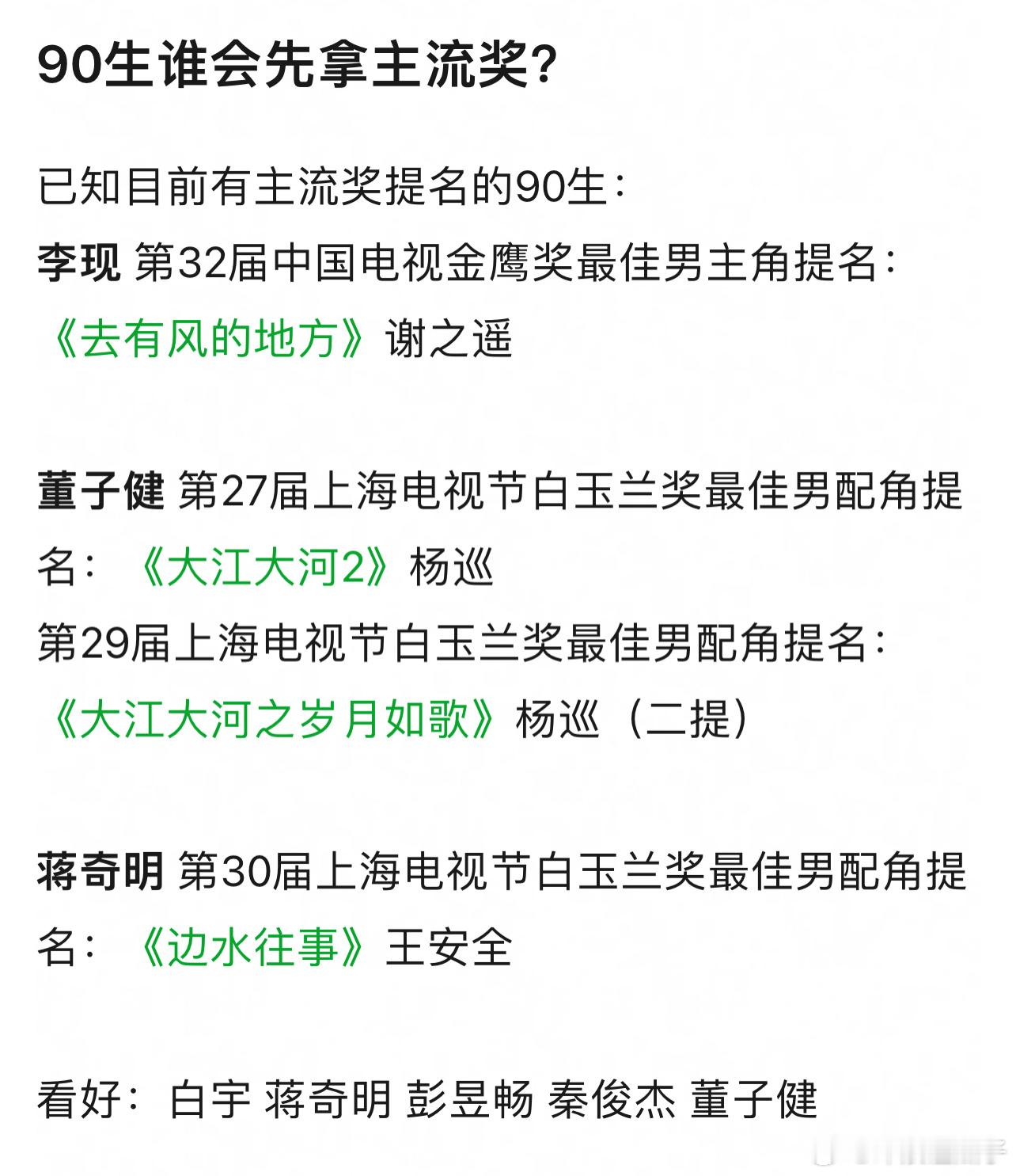 白宇和张晚意吧！明显喂资源，后者伟大长征饼是真的话，于和伟做配，估计很容易冲奖 