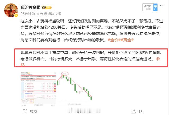 真服了，多单差这么一丝不给进场， 不能忍，直接4200-4202空一次！黄金金价