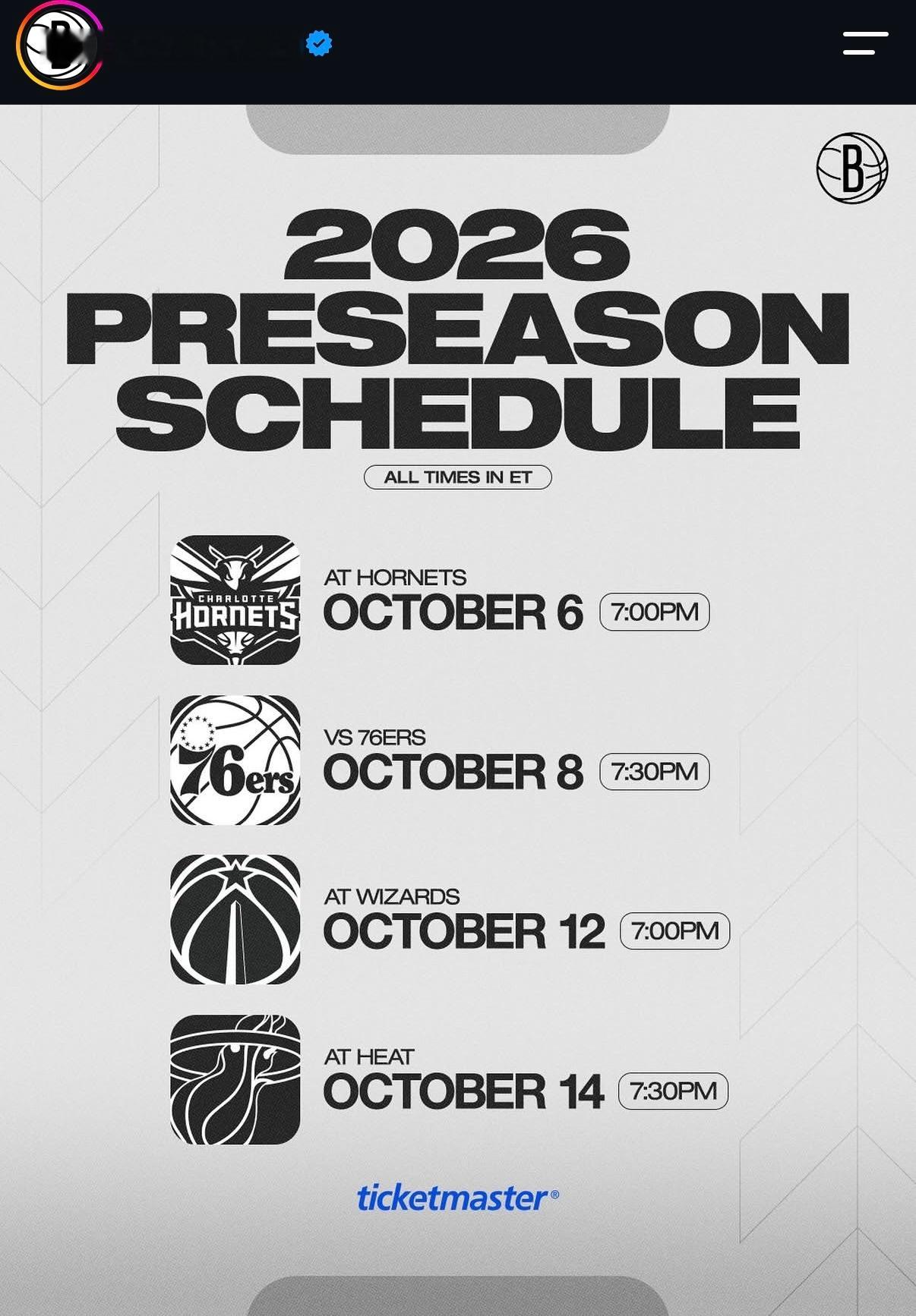 篮网队公布季前赛赛程，北京时间10月9日在主场巴克莱中心对阵费城76人。 