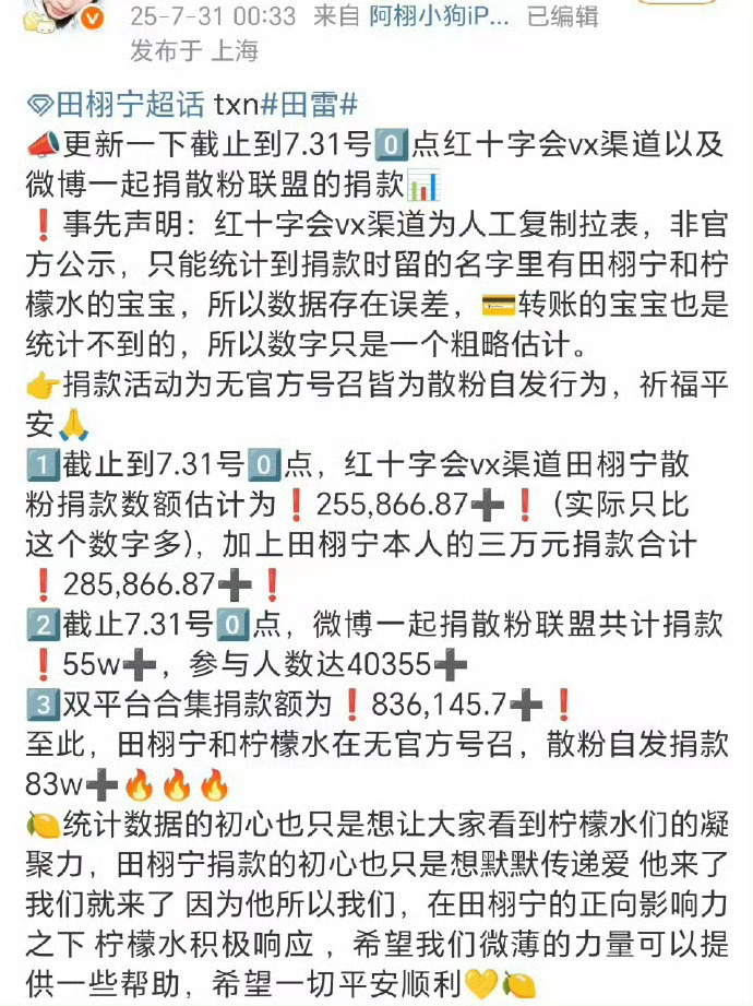 田栩宁粉丝捐赠已超80万 田栩宁散粉无官方号召已经为灾区捐款83万+，自发性捐款
