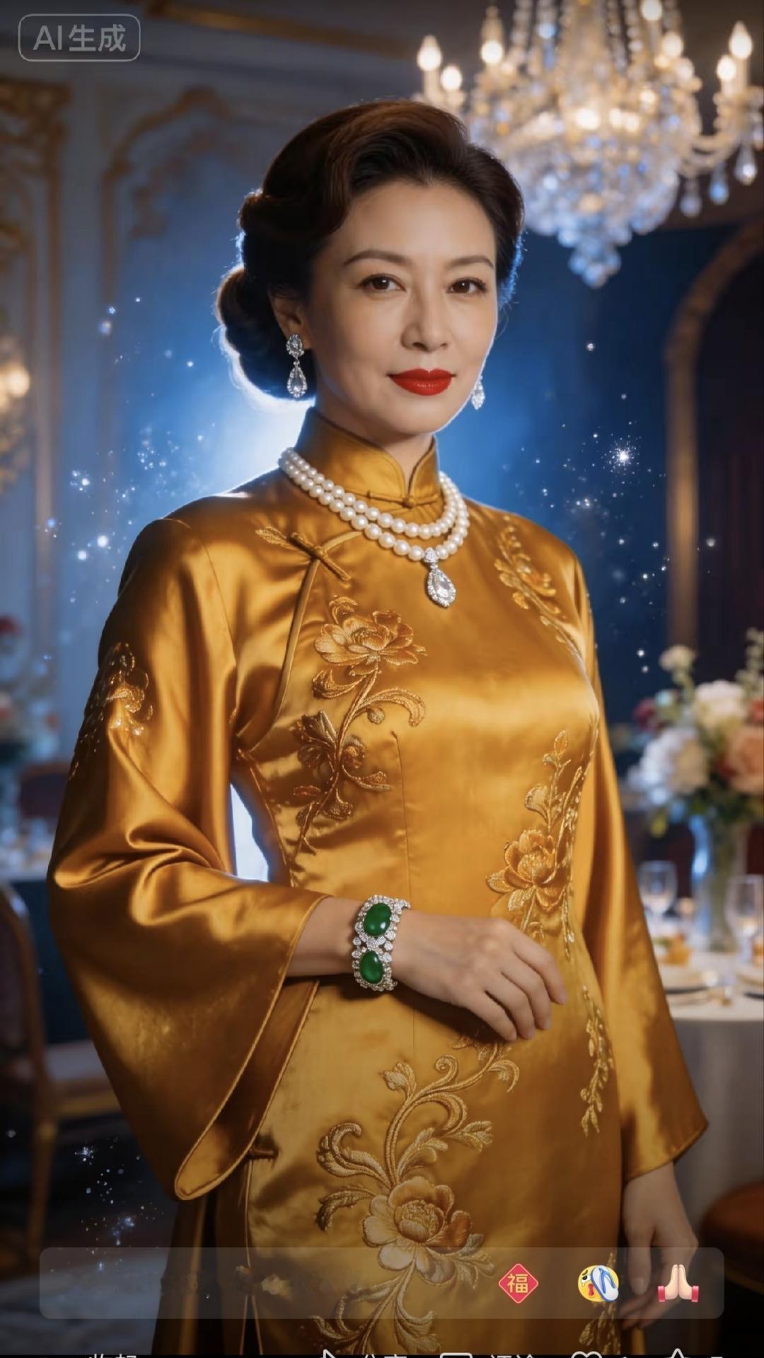 清江引·旗袍佳人
鎏金缎如明月洒，
绣牡衣间雅。
珠链似星河，
翠镯凝韶画。
钻