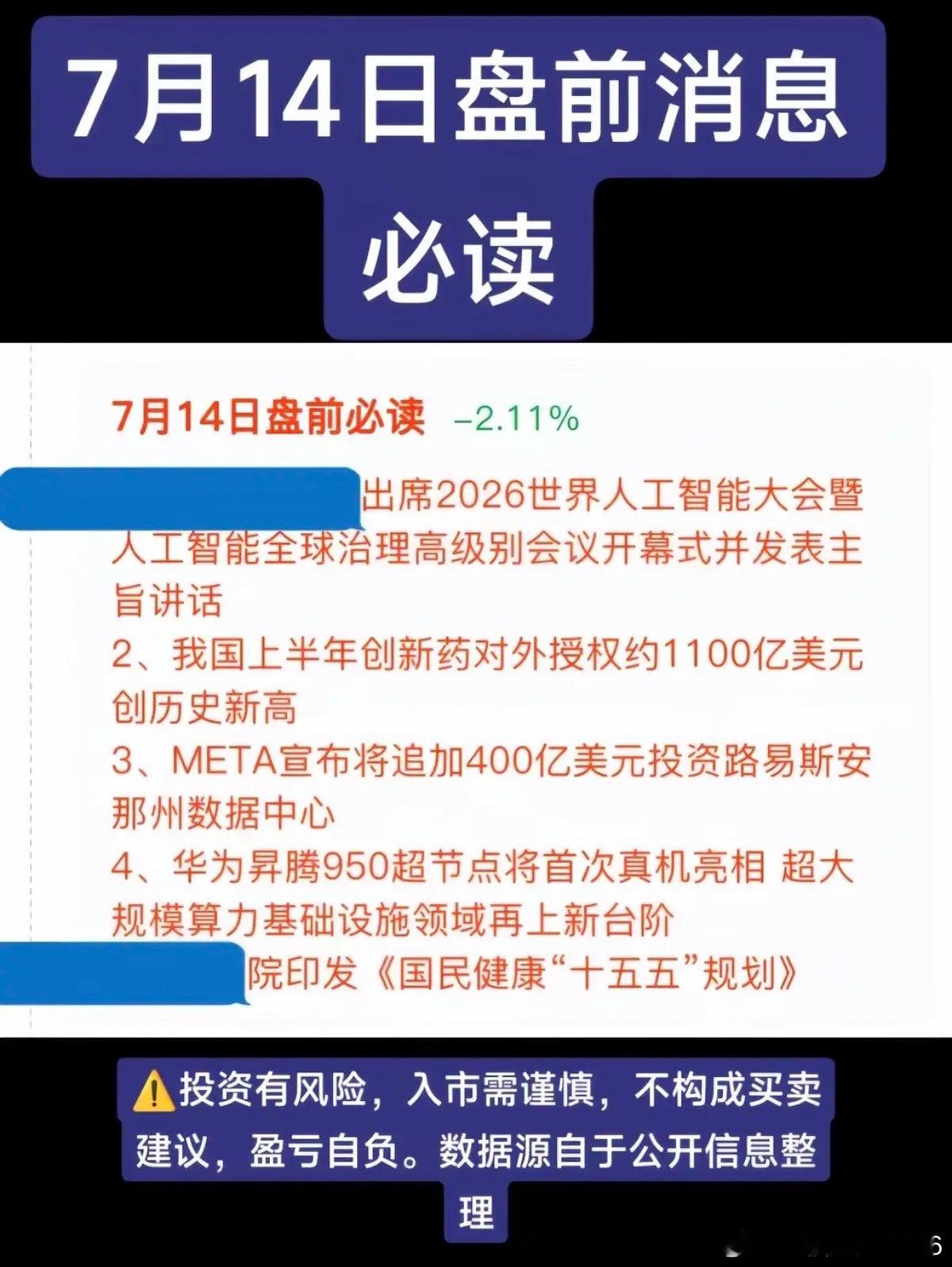 7.14周二  盘前：财经热点信息必读！1.人工智能，AI应用2.创新药3.算力