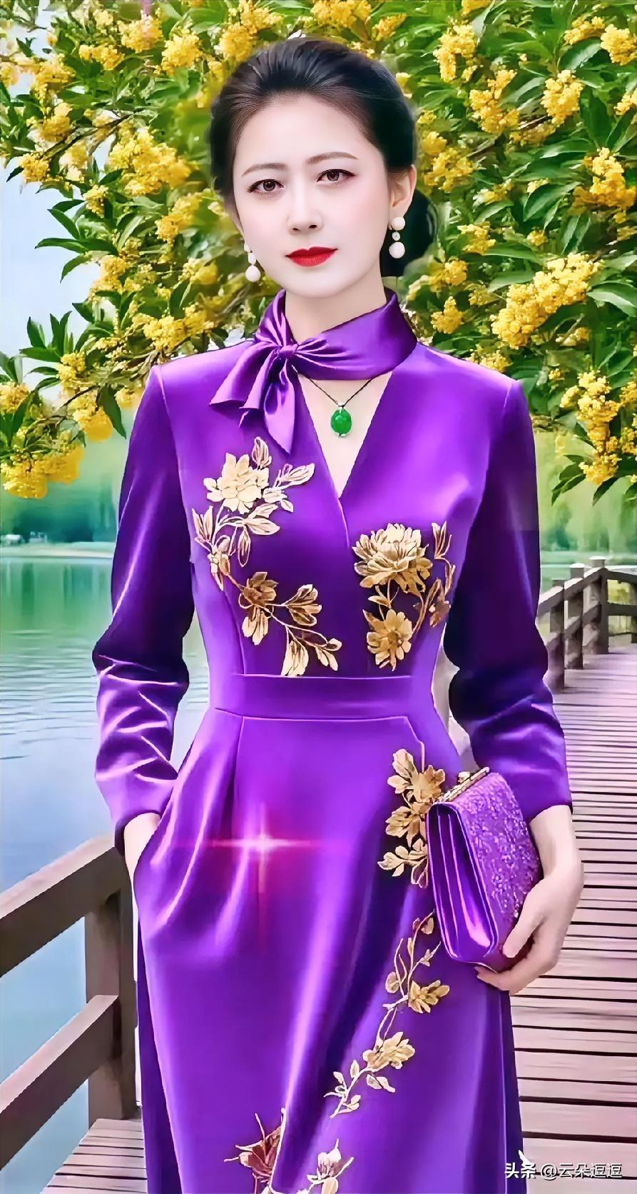 优雅紫色长裙，花海中的时尚女神