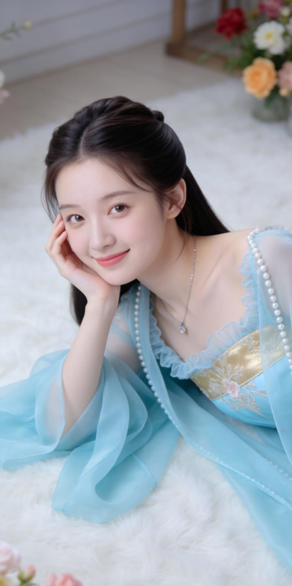 温柔蓝衣少女，花海中的梦幻时光🌸💙