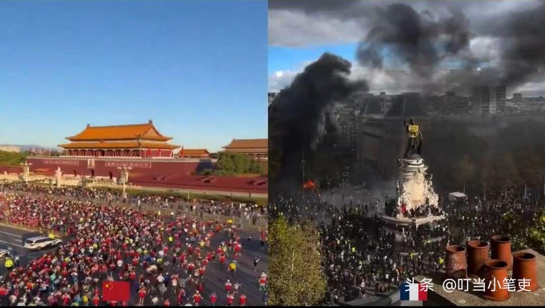 北京的广场，3.2万人正在參加马拉松；巴黎的广场，人们在渲泄暴力，浓烟笼罩天空。
