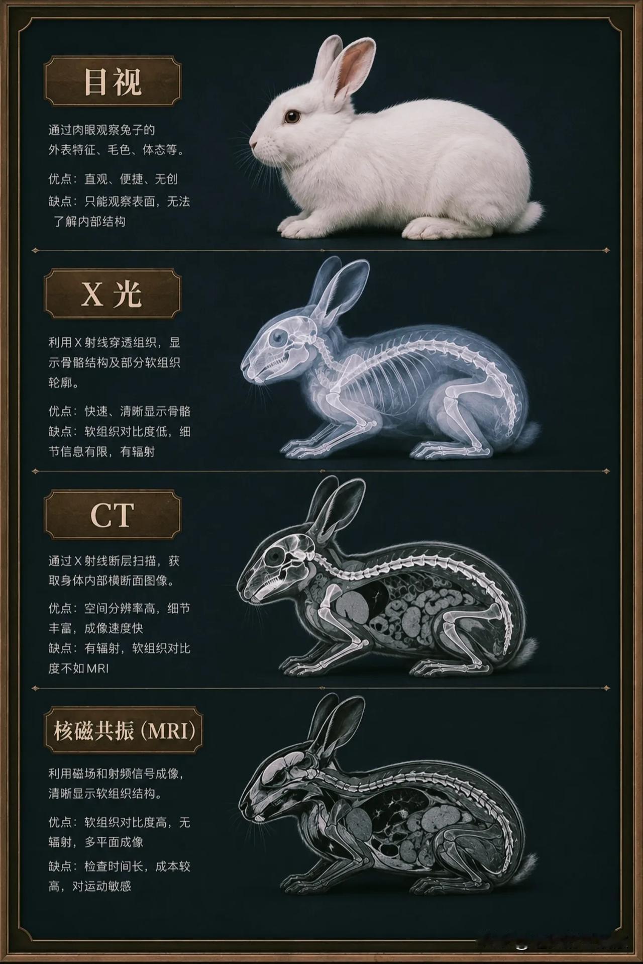 一张图看懂目视、X光、CT、MRI的区别！
 
不少小伙伴，一听到X光、CT、核