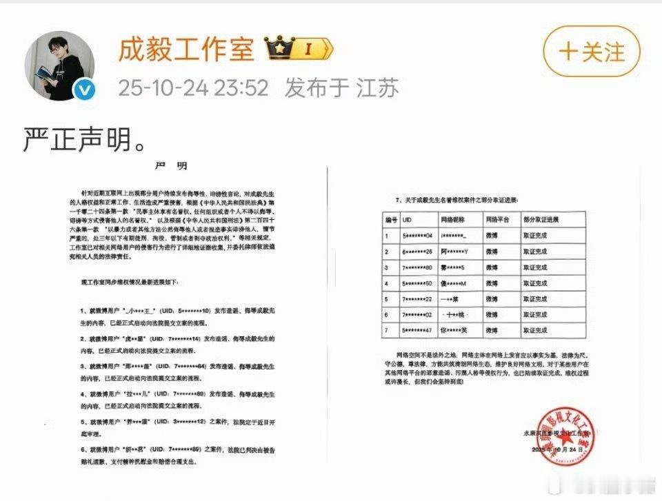 成毅工作室发布告黑声明，告了好多人！成毅方将维权坚持到底 ​​​