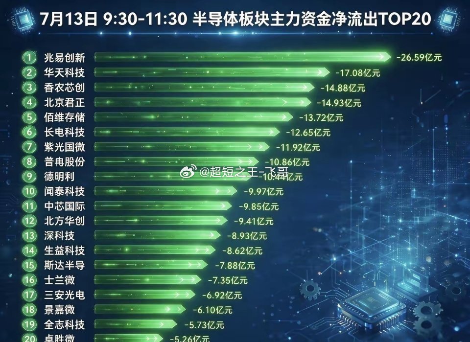 半导体板块主力资金净流出TOP20（单位：亿元，早盘午盘区间统计）1. 兆易创新