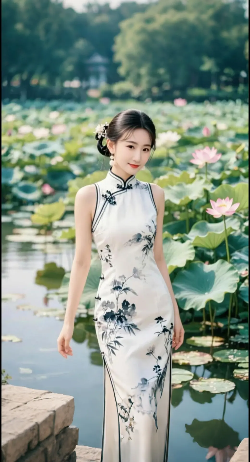 AI扩图 AI荷花池佳人照