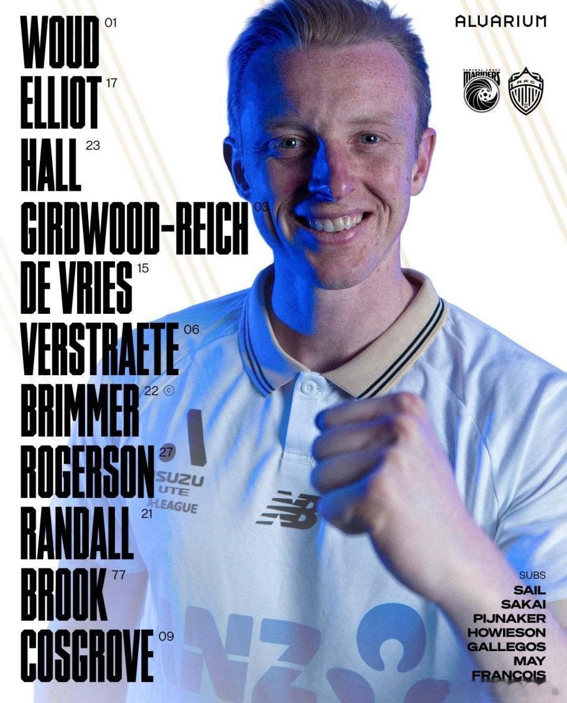 中央海岸水手vs奥克兰FC首发：西奥菲勒斯、罗杰森出战12月12日澳超第8轮，中