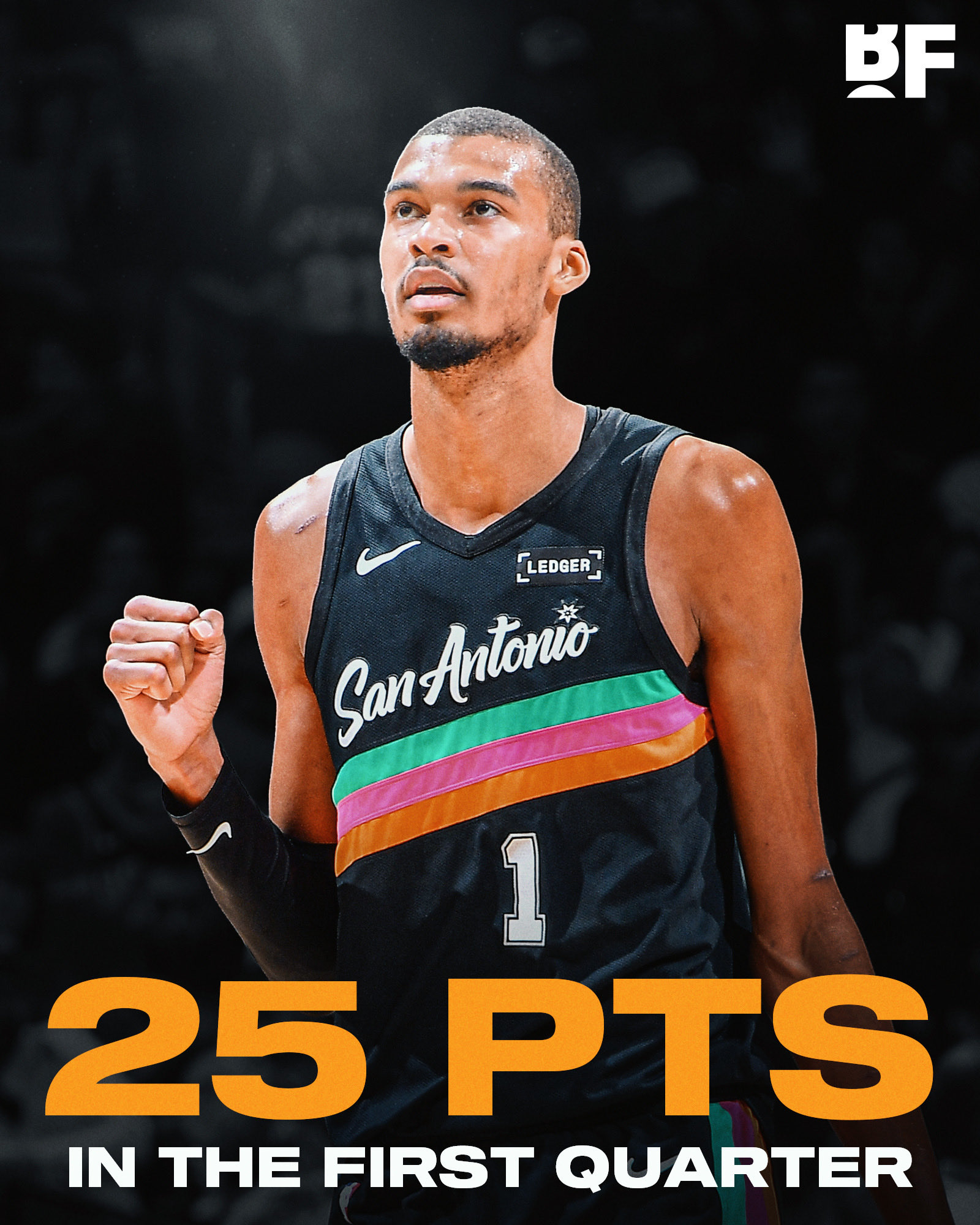 文班亚马第一节9中8拿到25分准备来说是8分钟拿到的马刺单节47分。。。咱们下场