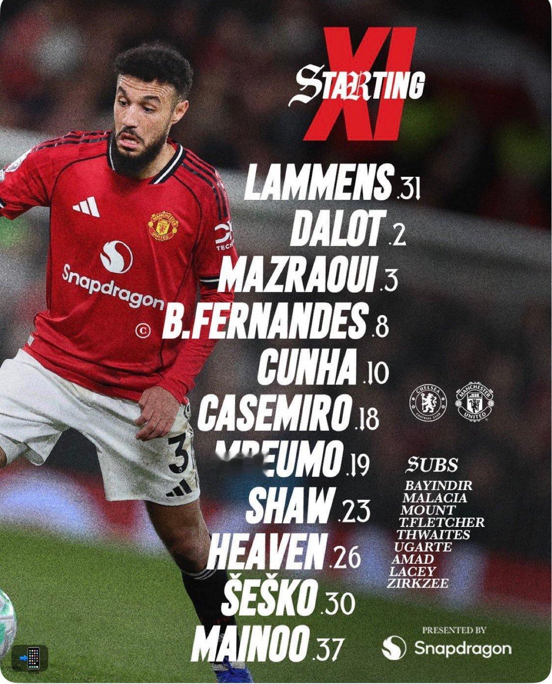 曼联首发：拉门斯，达洛特，马兹拉维，B费（C），库尼亚，卡塞米罗，姆伯莫，肖，海