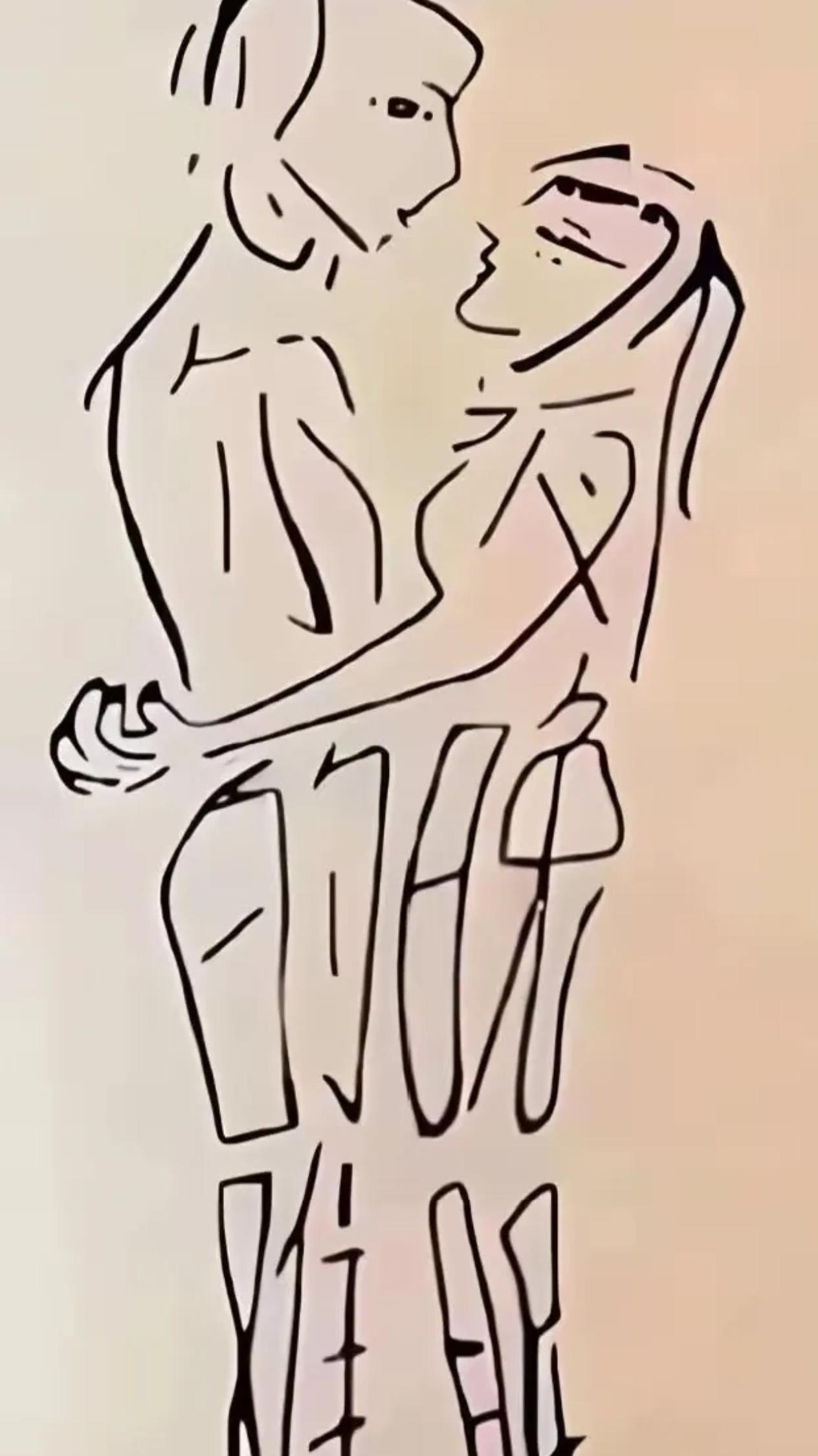 这句话怎么才能读顺？
一张很有意思的字画，画里藏着字，字里藏着画。
细看是相拥的