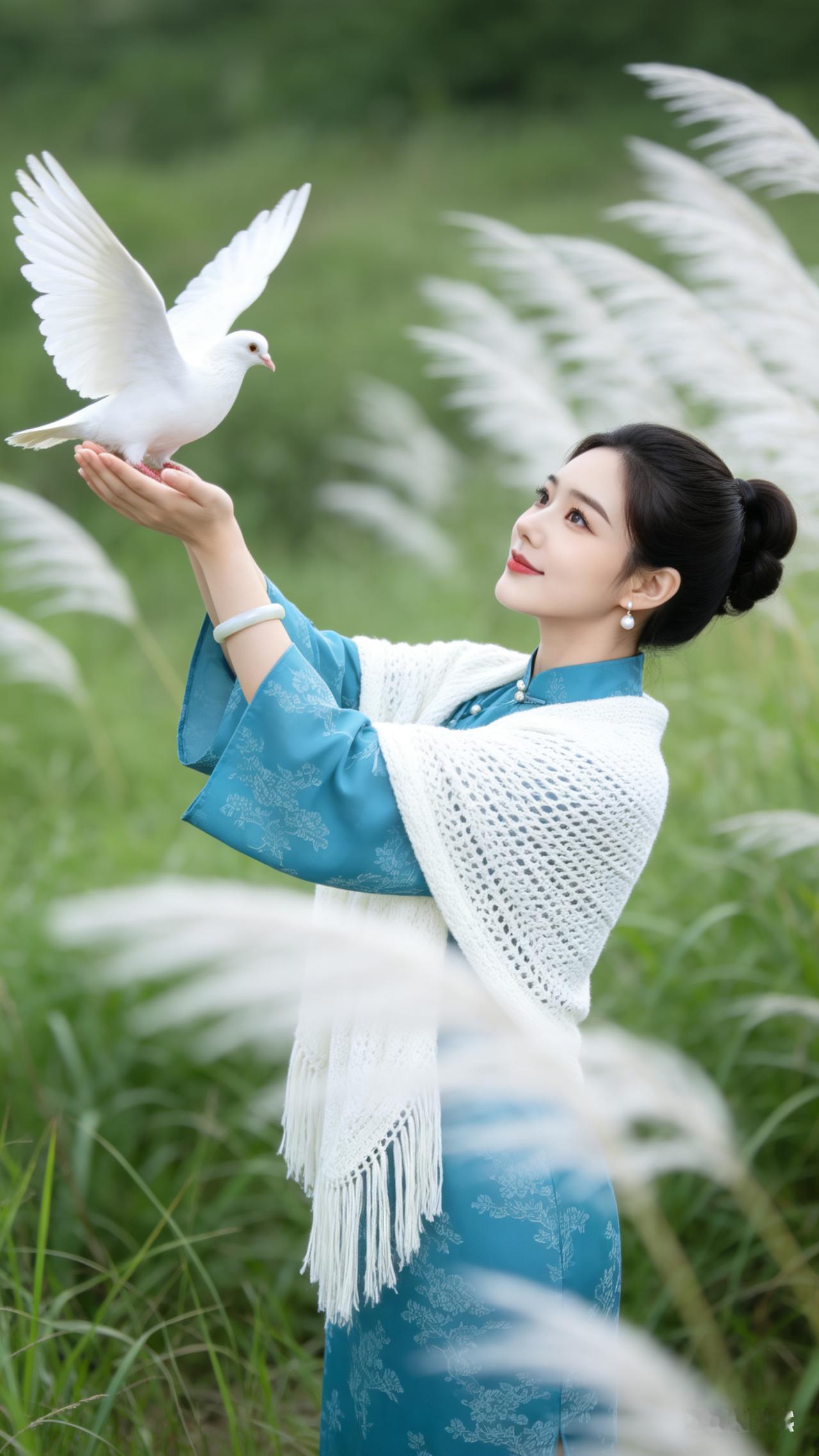 精致女子梳繁复优雅低盘发，着湖蓝暗纹新中式旗袍，外搭流苏白针织披肩，佩珍珠耳饰、