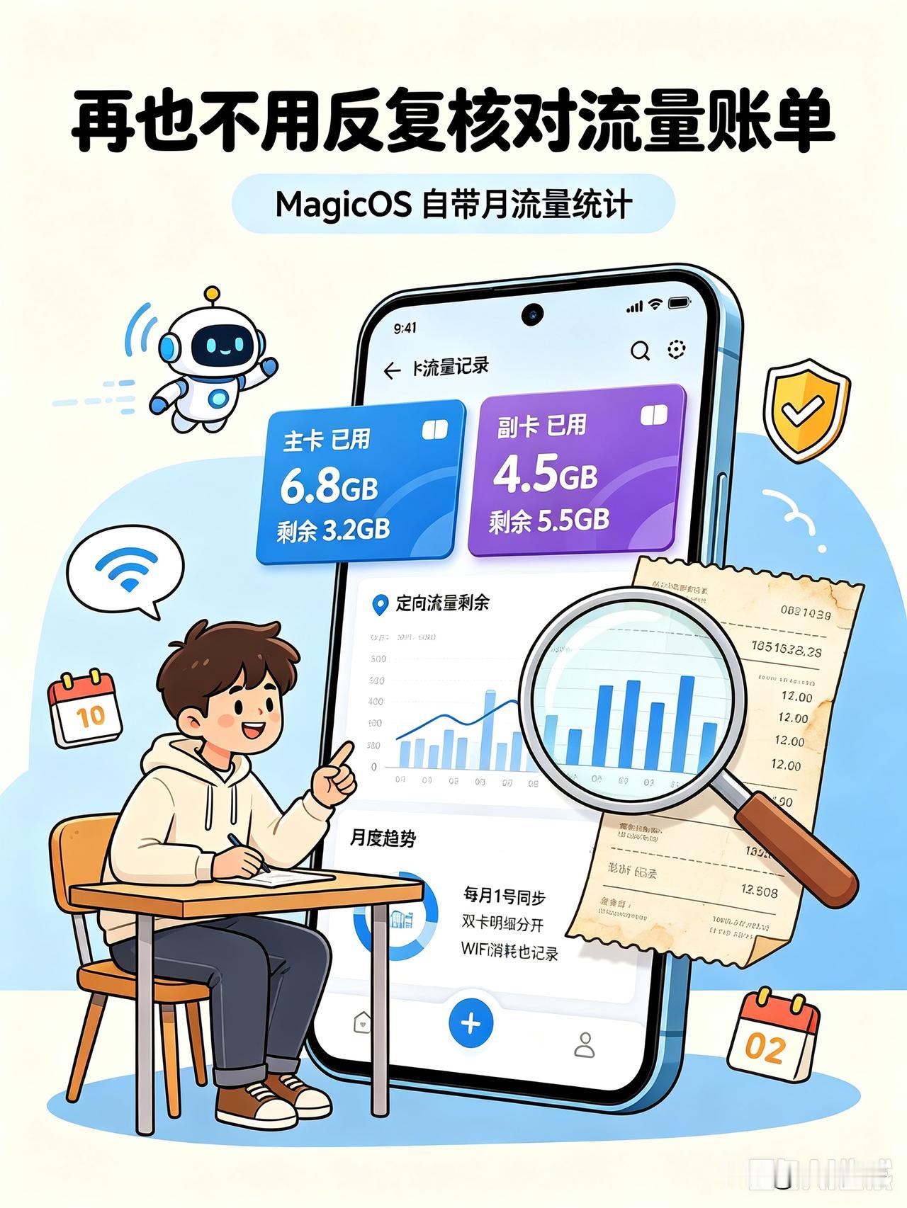 终于不用对着两张卡的流量账单反复核对了📊

MagicOS这个自带的月流量统计