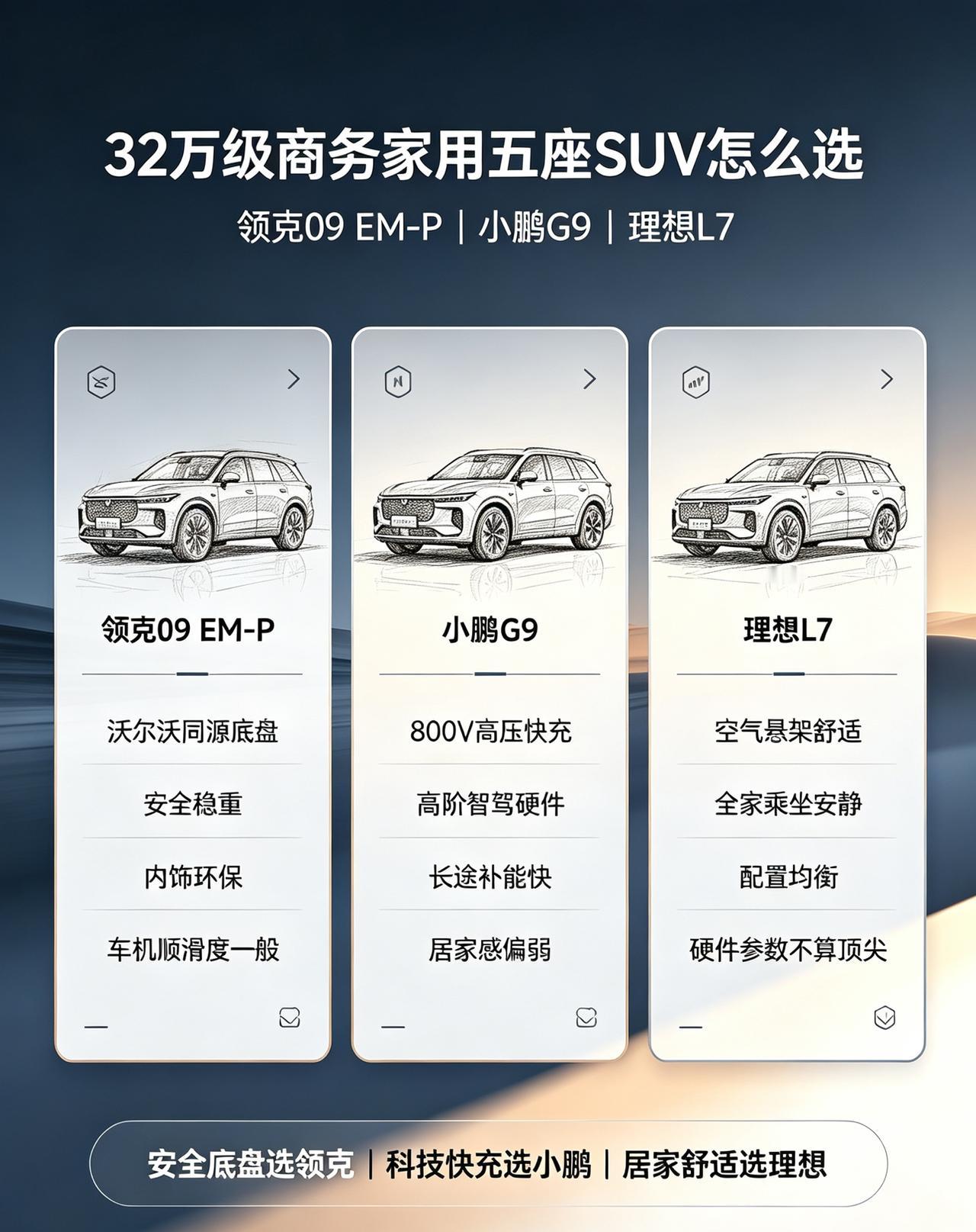 32万兼顾商务家用五座SUV，领克09 EM-P、小鹏G9、理想L7。领克沃尔沃