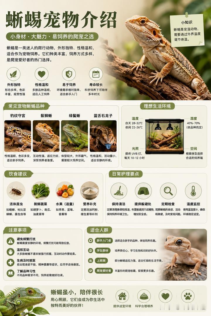 蜥蜴宠物介绍
蜥蜴外形独特、种类丰富，是许多爬宠爱好者喜爱的宠物之一。
不同品种
