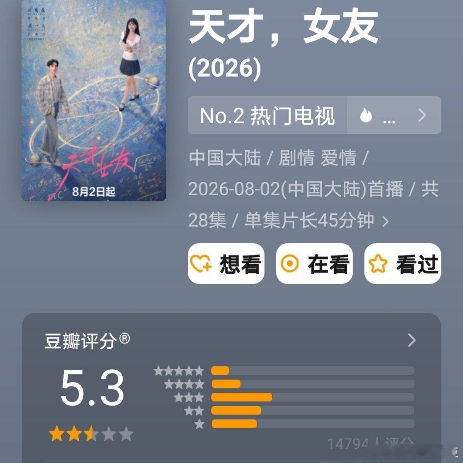 两部新剧豆瓣开分陈哲远吴谨言《御廷谣》5.0田曦薇胡一天《天才女友》5.3 
