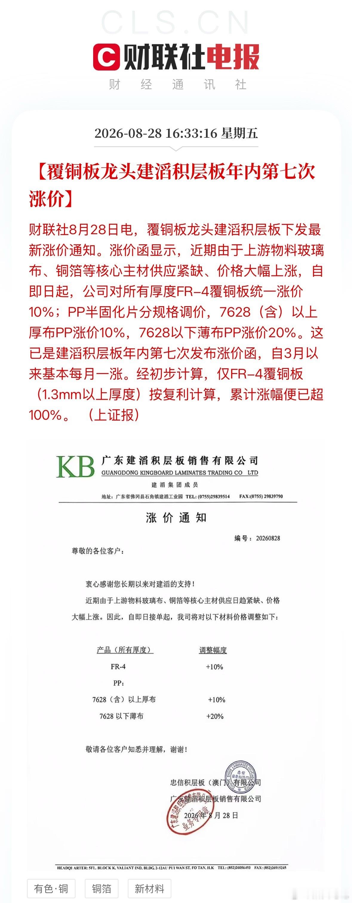 下周重点关注覆铜板赛道，龙头建滔年内第七次调价：FR-4覆铜板涨10%，PP半固