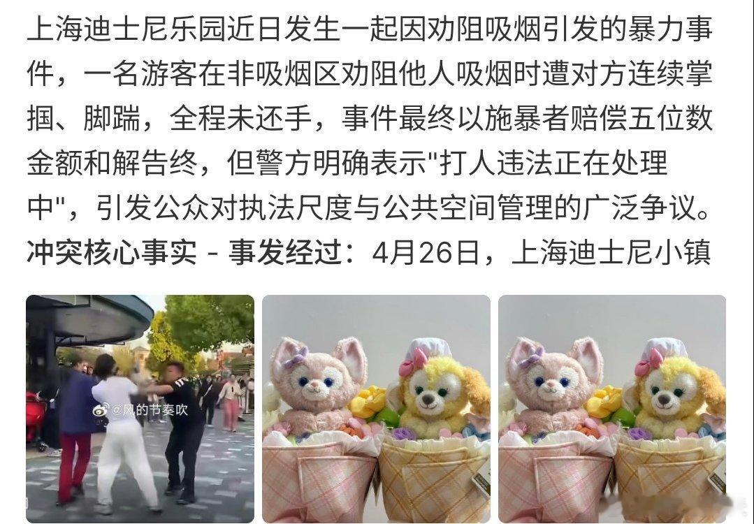 警方通报迪士尼游客劝阻吸烟被打迪士尼游客劝烟事件已经和解啦，可能有些人觉得打了人
