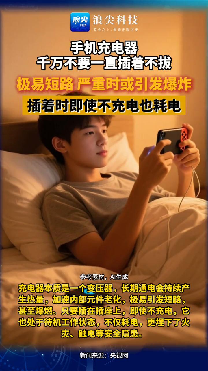 手机充电器千万不要一直插着不拔，极易短路严重时或引发爆炸。
浪尖科技。
充电器本