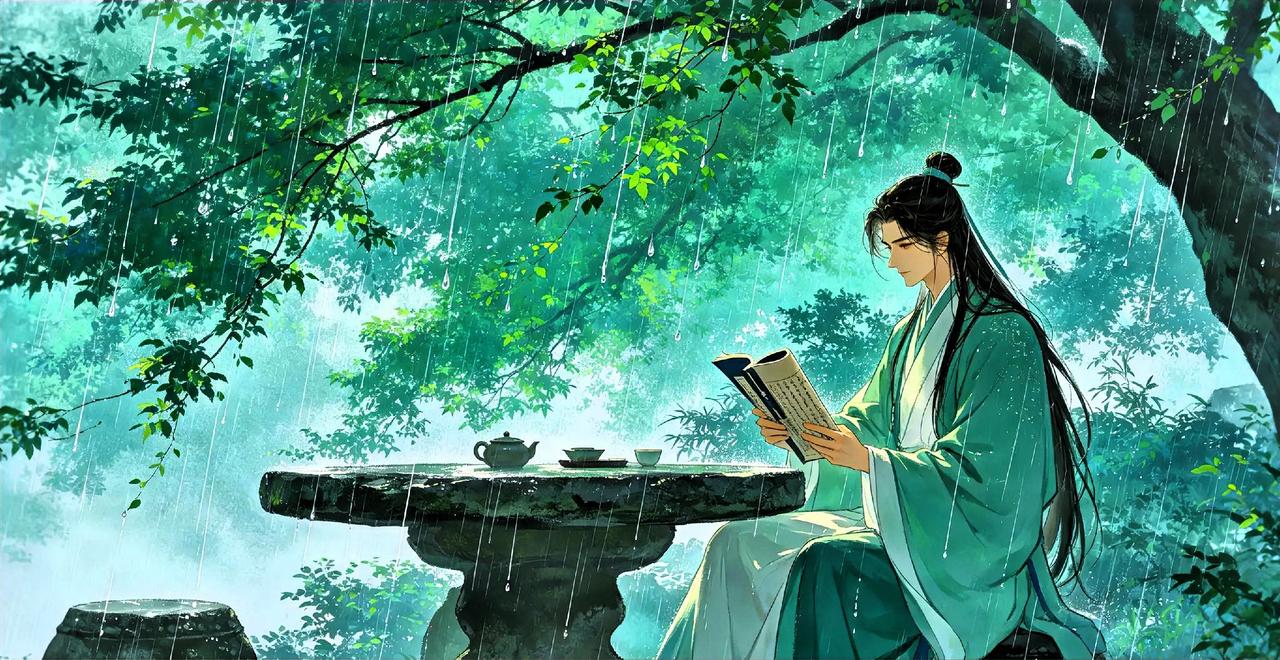 上联：林间听雨忘尘事
下联：案上翻书觅古幽。
解析：
 对仗：“林间”对“案上”