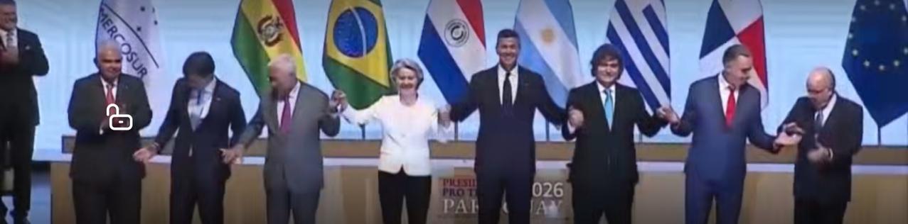 这组画面串联起两场重要的国际经贸合作：一边是欧盟与南方共同市场（Mercosur