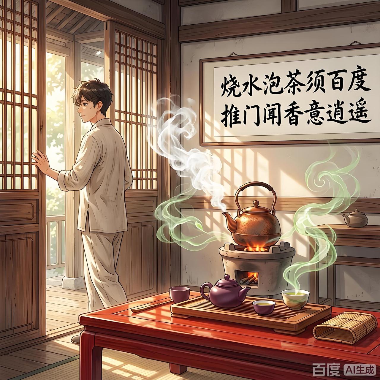 上联：烧水泡茶须百度
下联：推门闻香意逍遥