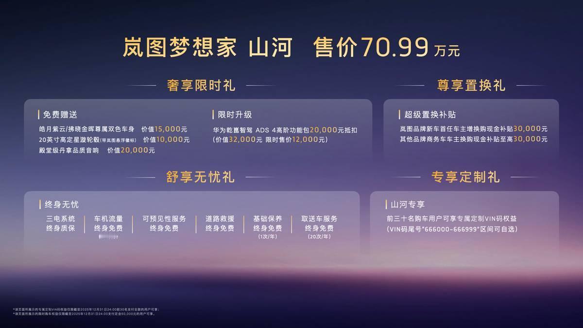 冠军新作 豪华四座 岚图梦想家山河售价70.99万元荣耀登临
【2025年11月