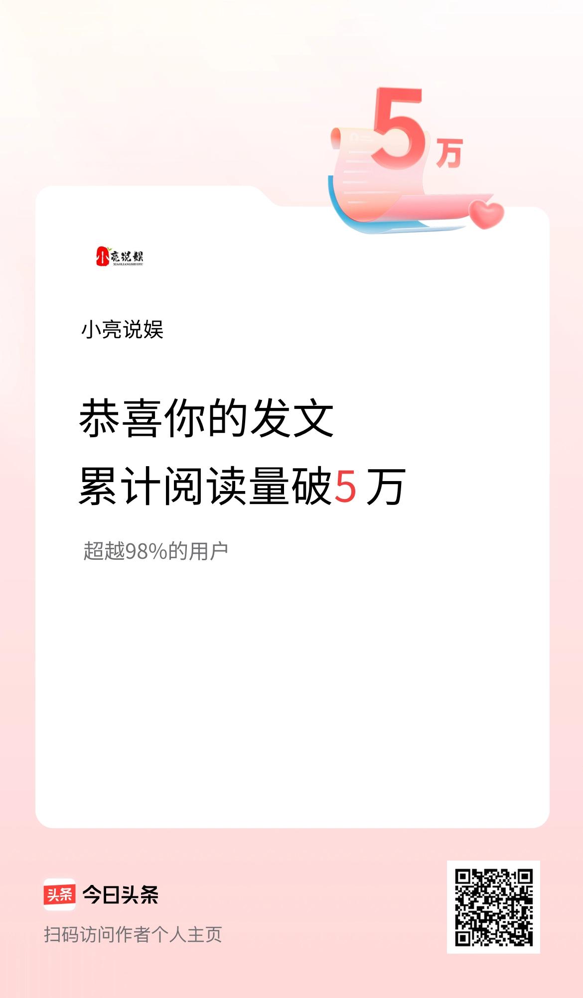 🤝我在头条累计获得阅读量破5万啦！