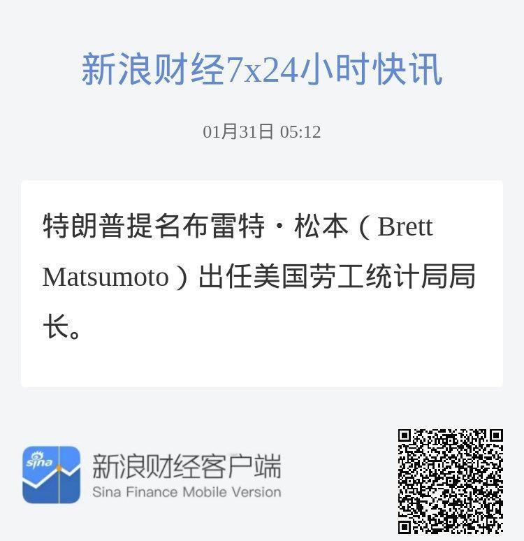 特朗普提名布雷特・松本（Brett Matsumoto）出任美国劳工统计局局长。