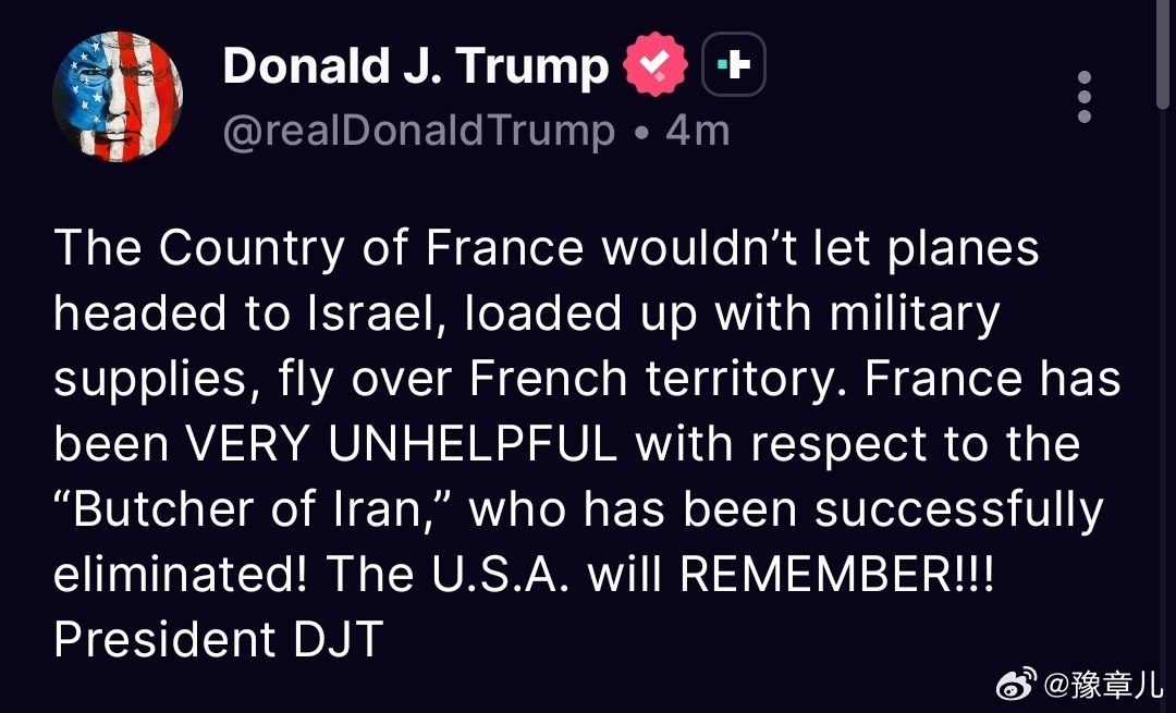 美国总统特朗普在社交平台上称法国不允许军事物资飞越其领空。 