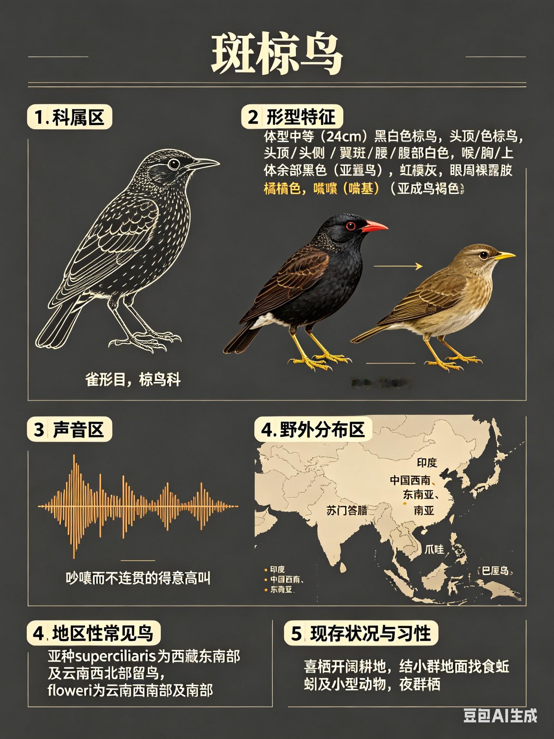 鸟类朋友图鉴 斑椋鸟·科属：雀形目，椋鸟科。·外形特征：体型中等（24cm）的黑