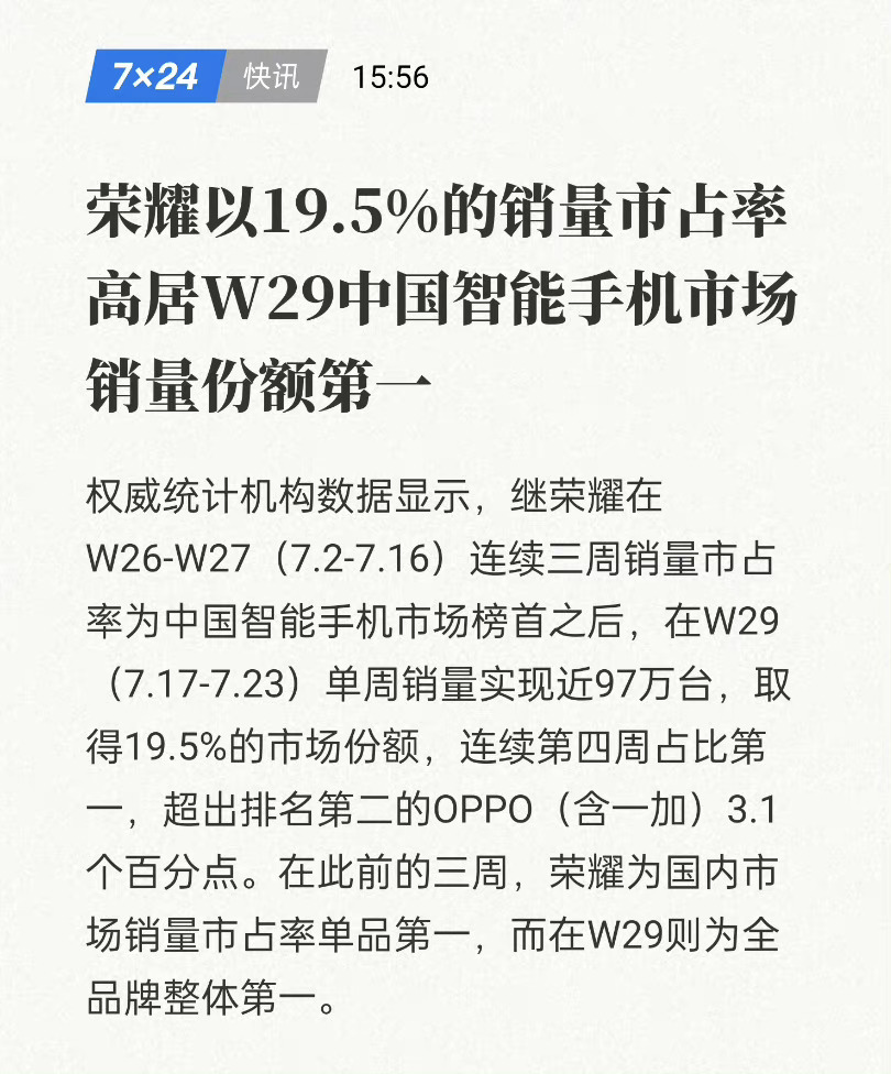 荣耀7月这么猛？荣耀7月份的7月17-23号这周时间里，就实现了单周销量近97万