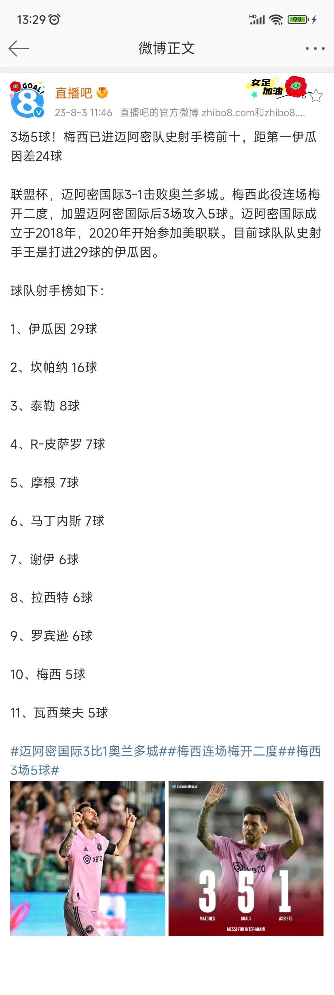 3场比赛5球，梅西进入迈阿密国际队史前十。

请问这是什么队，5球就排名历史第十