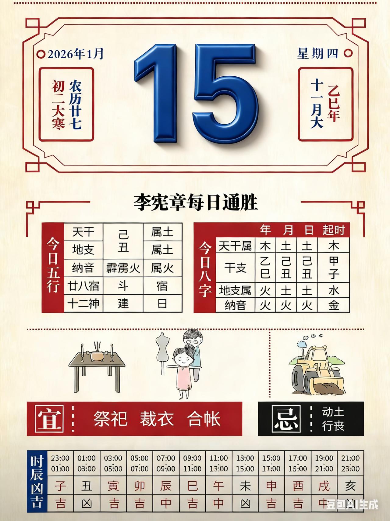 各位看官，2026年1月15日（农历十一月廿七）这个日子在老黄历里是咋回事。咱就