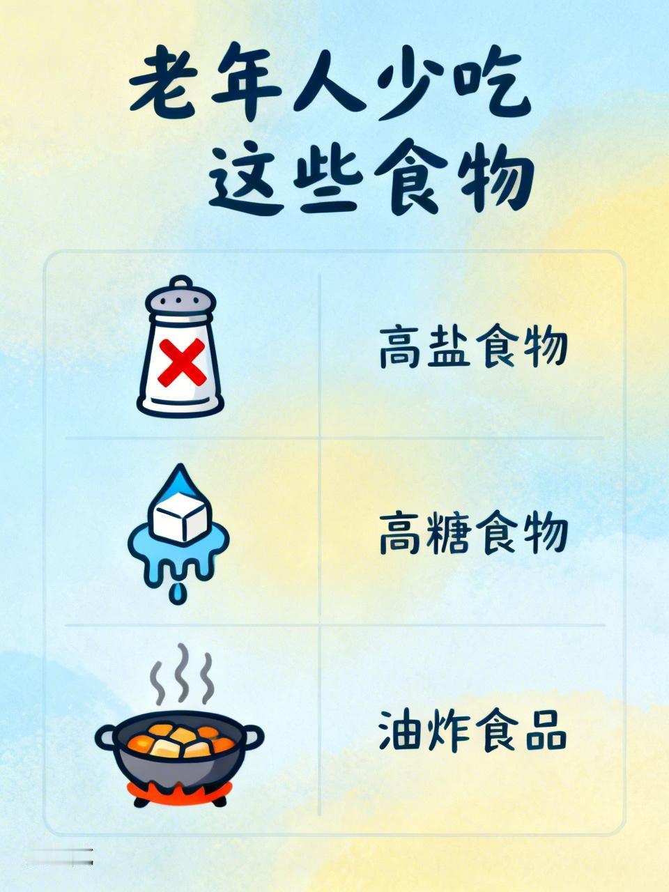 老年人吃什么食物越少越好? 
老年人吃东西可得多注意，有些食物得少吃。高盐食物首