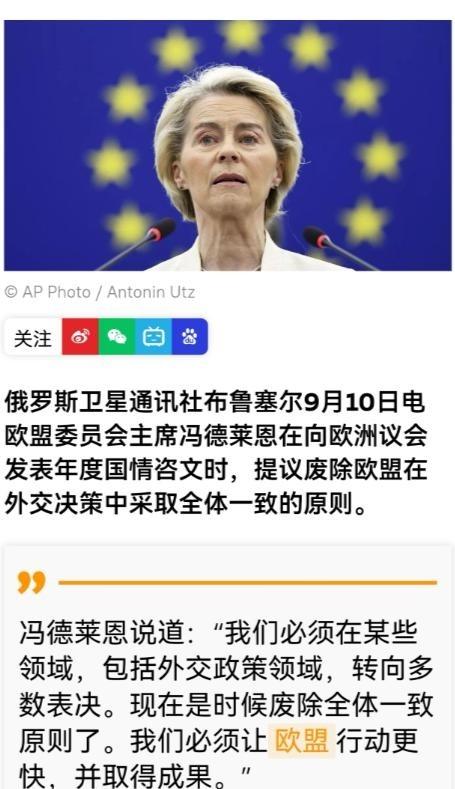 如果冯德莱恩这个提议获得通过，她将名垂欧盟历史！她提议，废除欧盟外交决策全体一致
