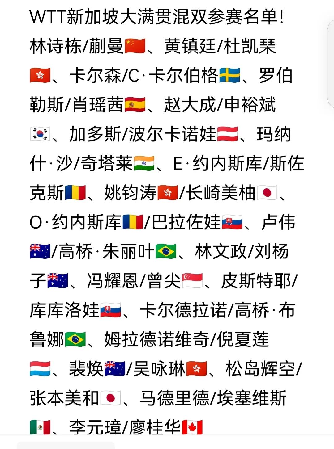 混双参赛名单发布！
2025WTT新加坡大满贯混双参赛名单如图。
不得不说，流水