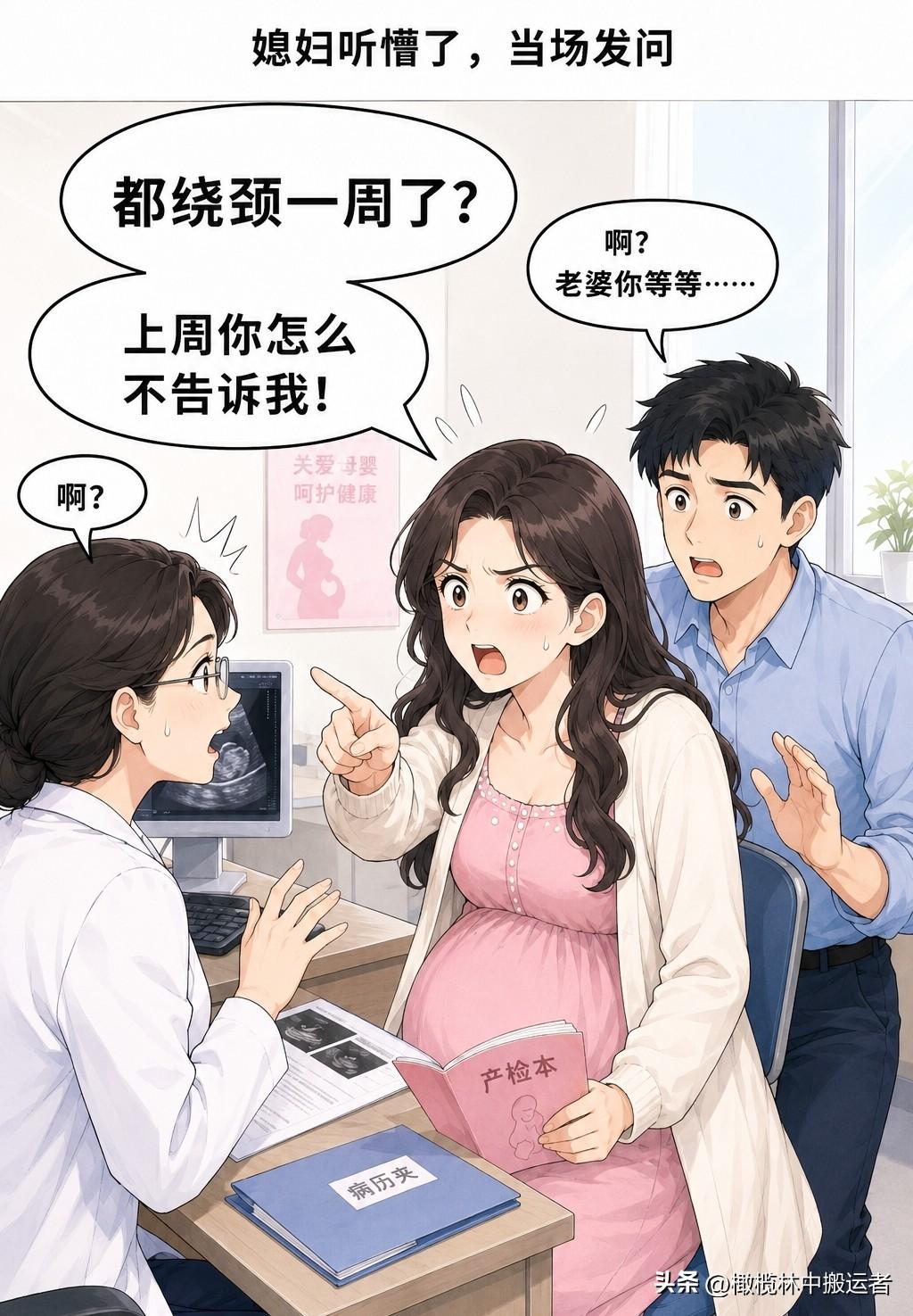 趣味漫画：带媳妇去做产检，医生说：你们两个回去需要注意点，孩子脐带已经绕颈一周了