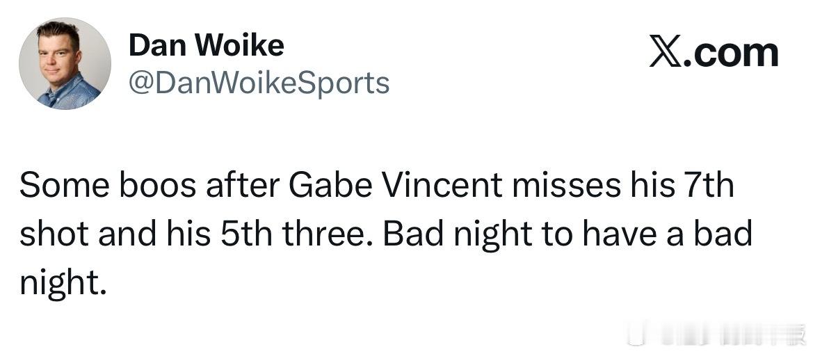 队记Dan Woike: 在文森特连续第7次投篮不中后，湖人主场响起阵阵嘘声😐