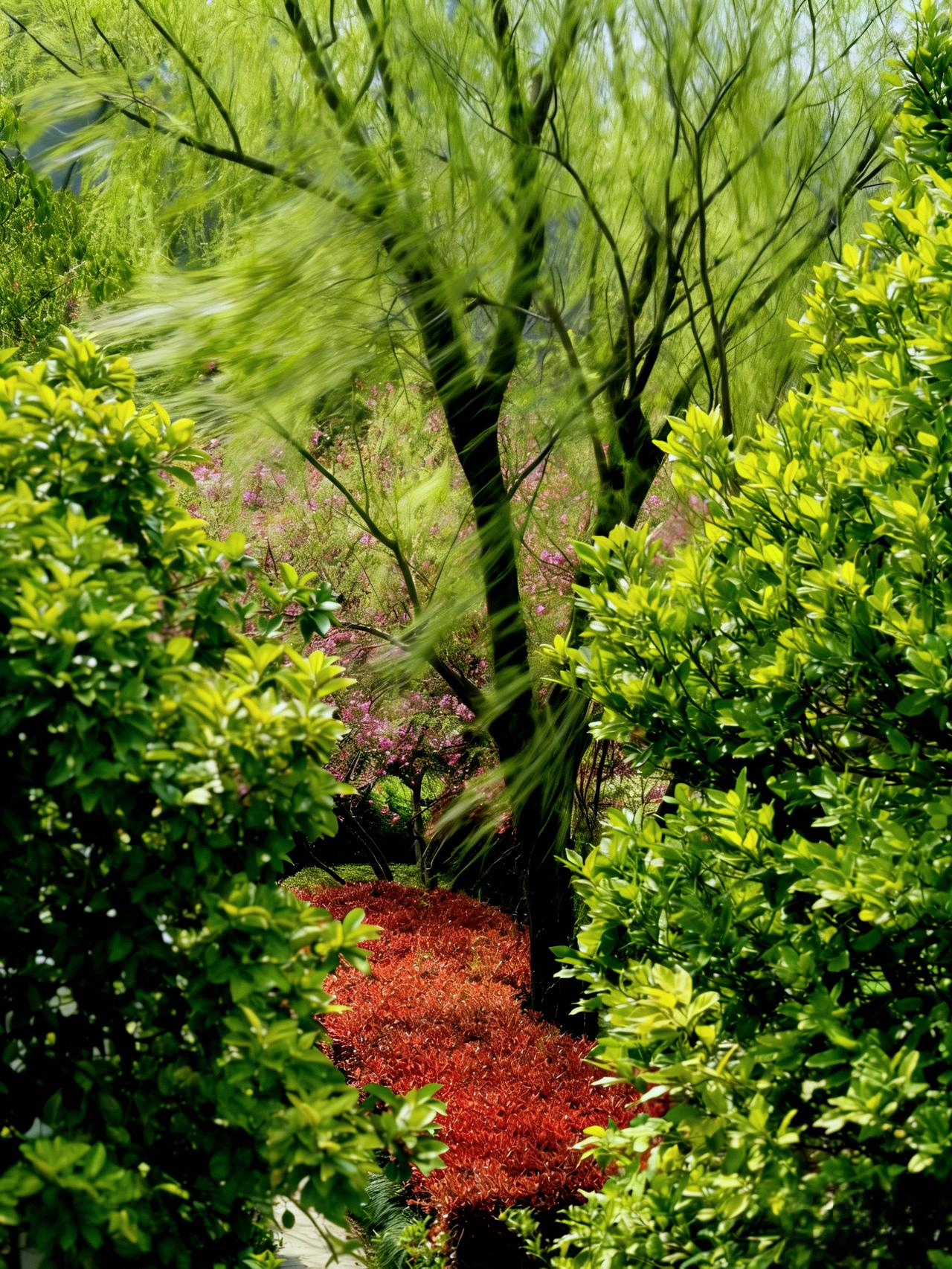 第一张照片：风拂春林，动静相生
这张照片用极具动感的镜头，捕捉了春日园林里最鲜活