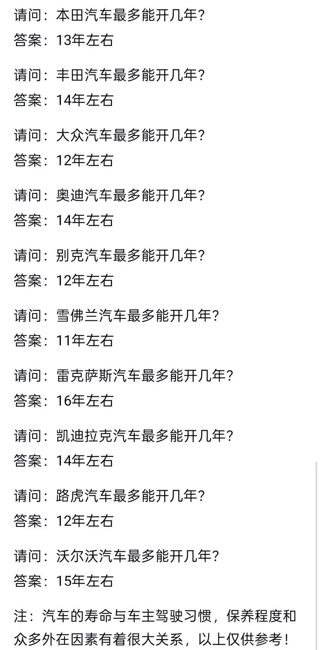 本田汽车的使用年限因人而异。一般来说，本田车能开10年以上，部分车型甚至可达15